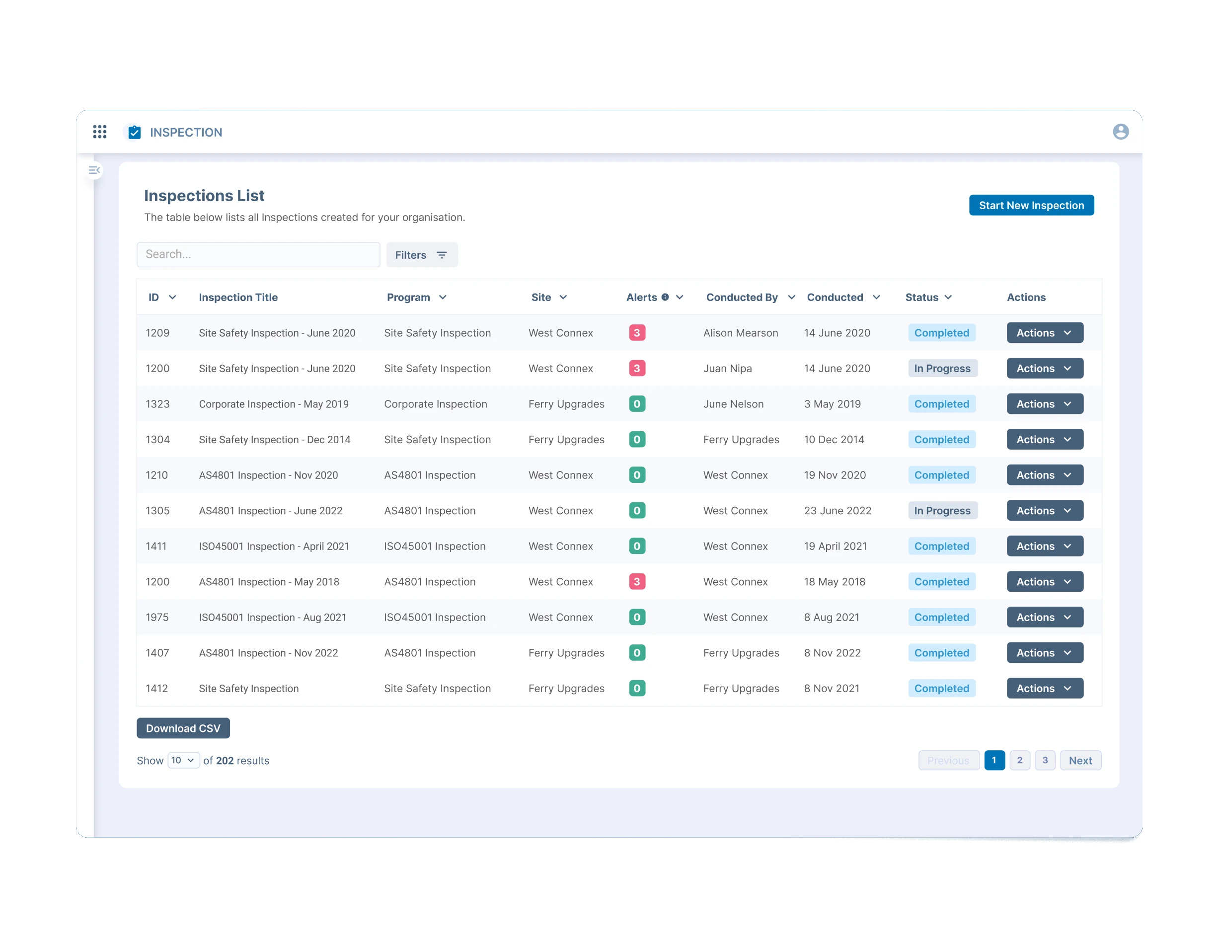 Inspection management dashboard displaying list of safety inspections with status tracking